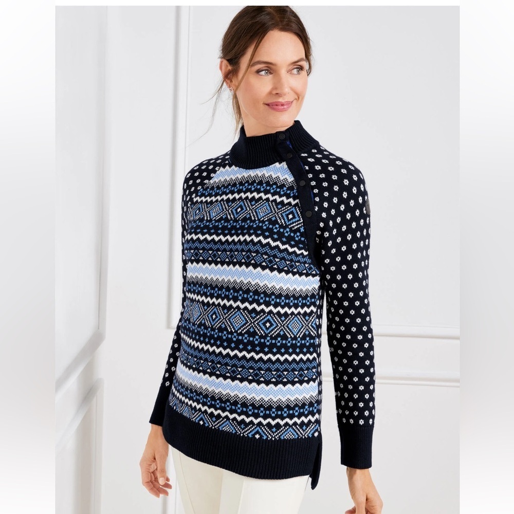 Talbots Fair Isle Sweater 3X Snap Button Mockneck Cotton Blend Blue Iris Multi